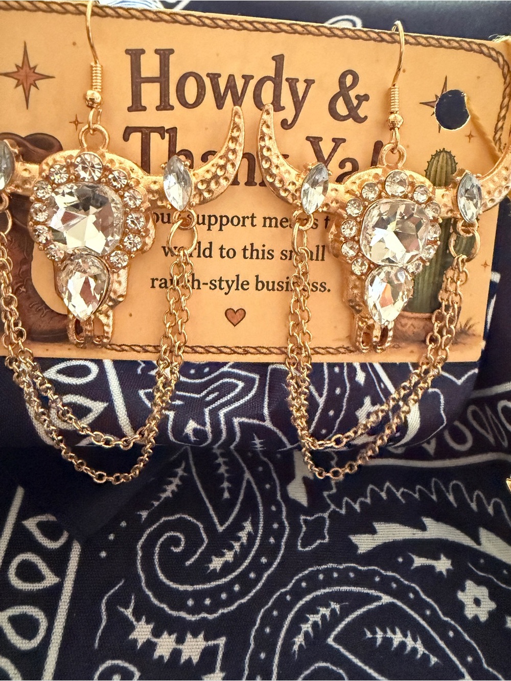 Gold Crystal Chain Western Drop Earrings